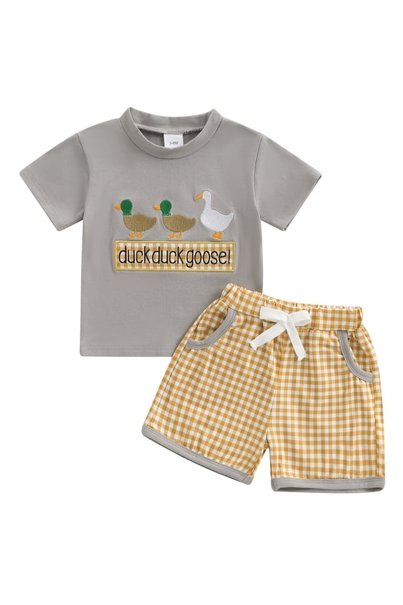Toddler Boys Summer Outfits Letter Duck Embroidery Round Neck Short Sleeve T-Shirts Plaid Elastic Waist Shorts 2Pcs Clothes Set 3 6 12 18 24 Months 3 Years