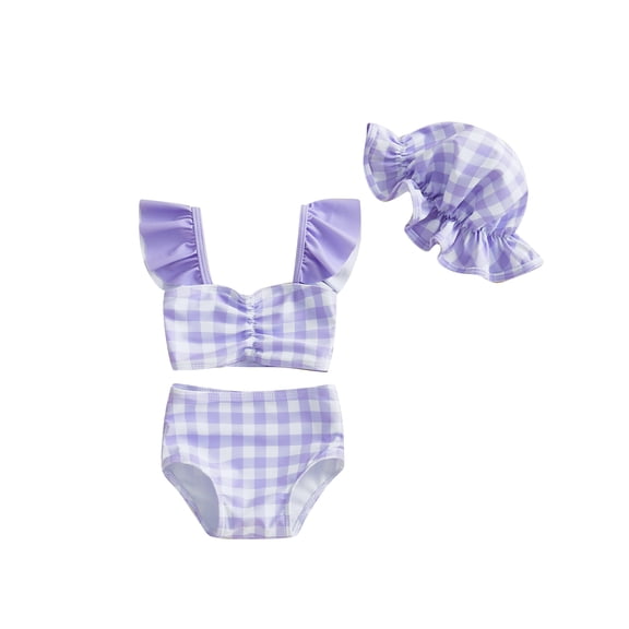 Qmyliery Toddler Girl Bikini Set Swimsuit Plaid Print Flutter Sleeves Tank Tops with Shorts and Hat Bathing Suit 3 Pcs Beachwear 6 12 18 24 Months 3 Years