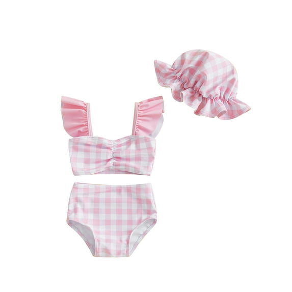 Qmyliery Toddler Girl Bikini Set Swimsuit Plaid Print Flutter Sleeves Tank Tops with Shorts and Hat Bathing Suit 3 Pcs Beachwear 6 12 18 24 Months 3 Years