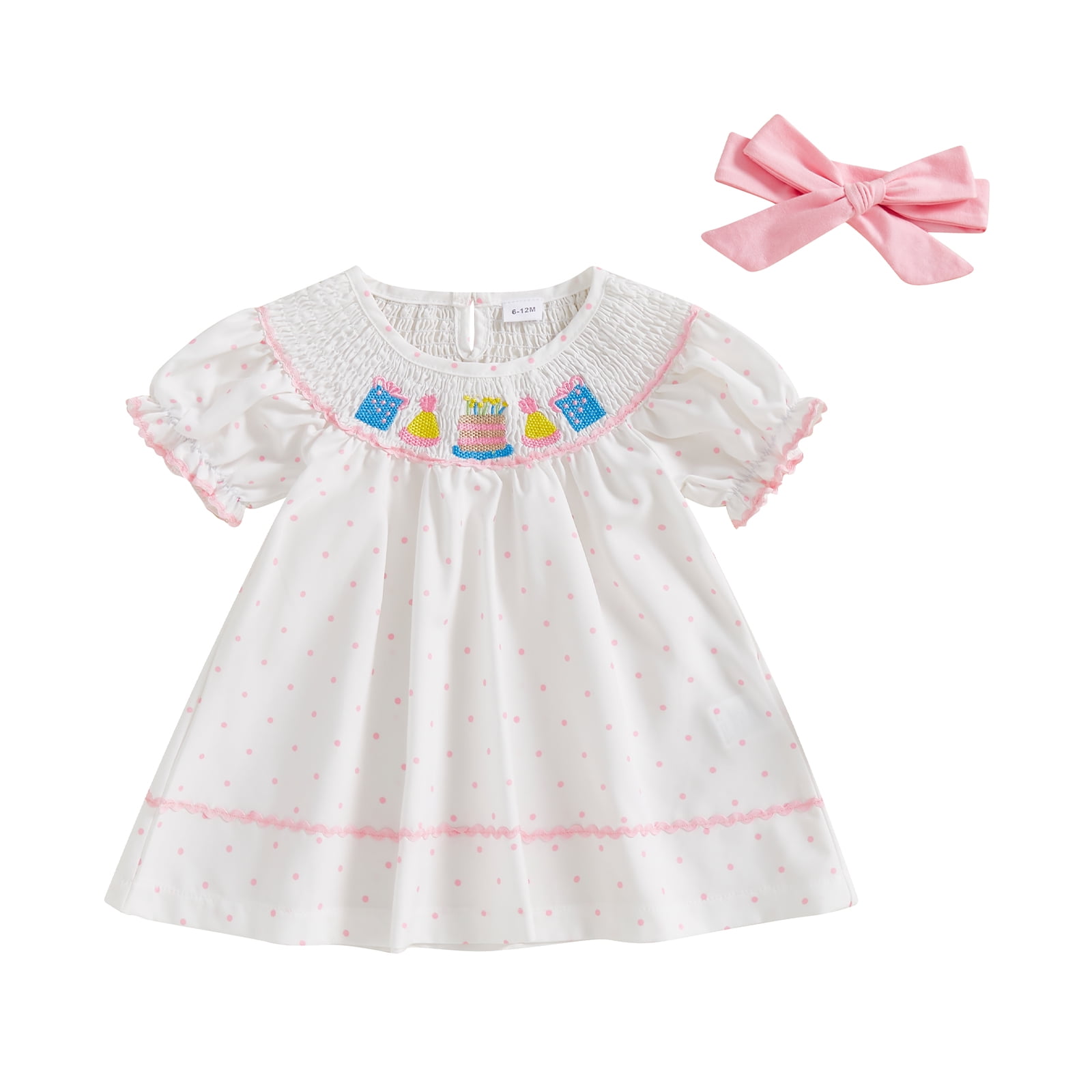 Toddler Girls Dress Birthday Cake Embroidery Short Sleeve Casual Dress Baby Princess Dress Birthday Clothes with Headband 12 18 24 Months 3 4 5 Years