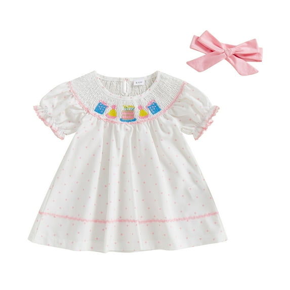 Qmyliery Toddler Girls Dress Birthday Cake Embroidery Short Sleeve Casual Dress Baby Princess Dress Birthday Clothes with Headband 12 18 24 Months 3 4 5 Years