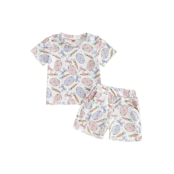 Qmyliery Toddler Girls Easter Outfit Egg Bunny Print Short Sleeve T-Shirt and Elastic Shorts Set Cute 2 Piece Clothes 6 12 18 24 Months 3 4 5 Years