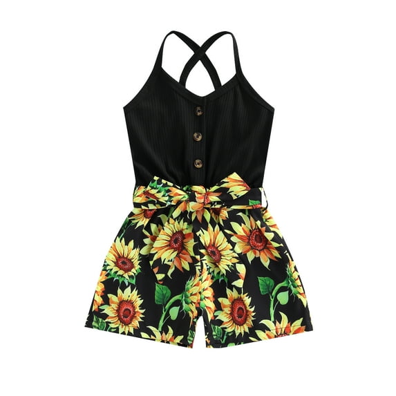 Qmyliery Toddler Girls Short Jumpsuit, Summer Sleeveless Floral Print One-Piece Strap Romper
