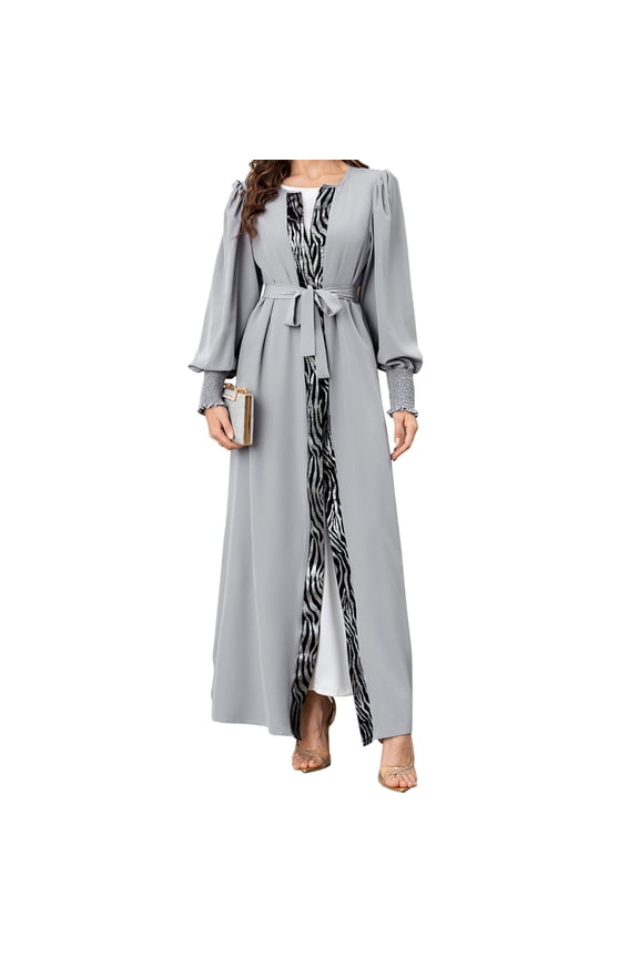 Women Caftan Gowns Fashion Print Long Lantern Sleeve Cardigan Loose Arab Robe with Belt