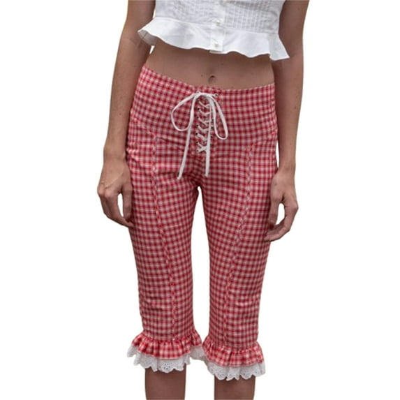 Qmyliery Women Capri Pants Lace Ruffles Front Cross Tie-Up Summer Casual Cropped Pants Stretch Crop Leggings