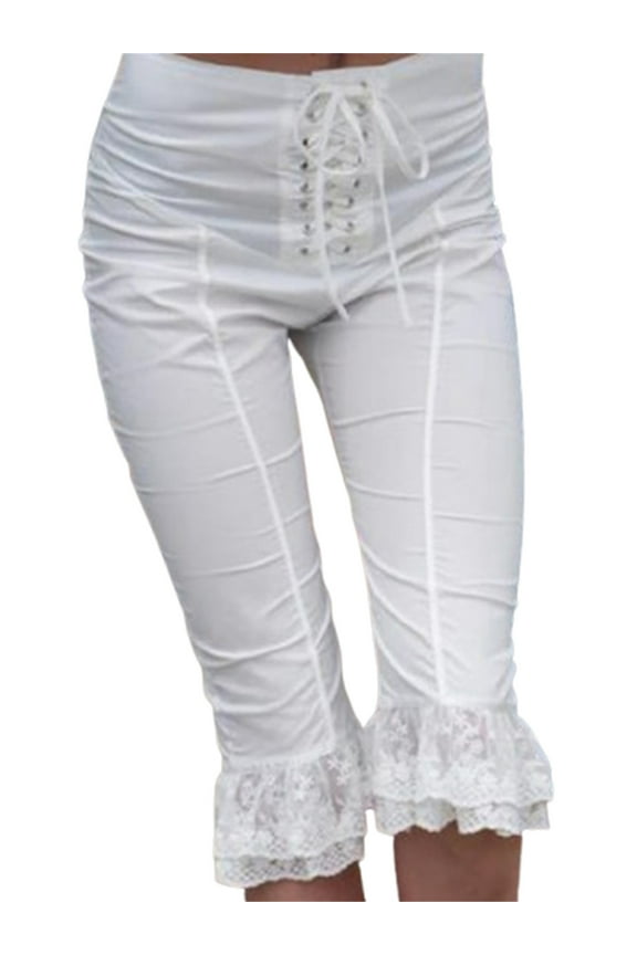 Women Capri Pants Lace Ruffles Front Cross Tie-Up Summer Casual Cropped Pants Stretch Crop Leggings