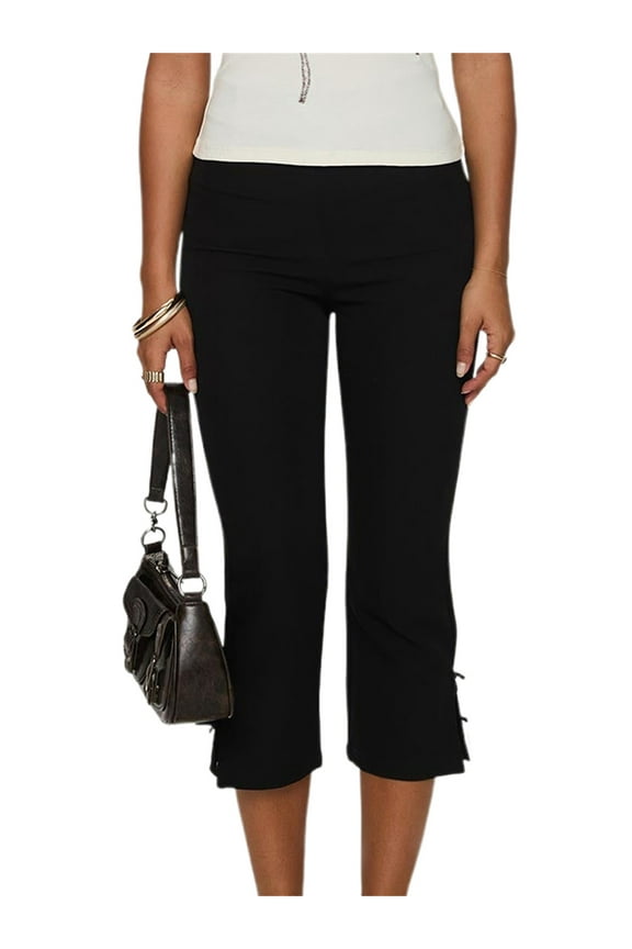 Women Capri Pants Solid Color Bow Decor Summer Casual Cropped Pants Stretch Crop Leggings