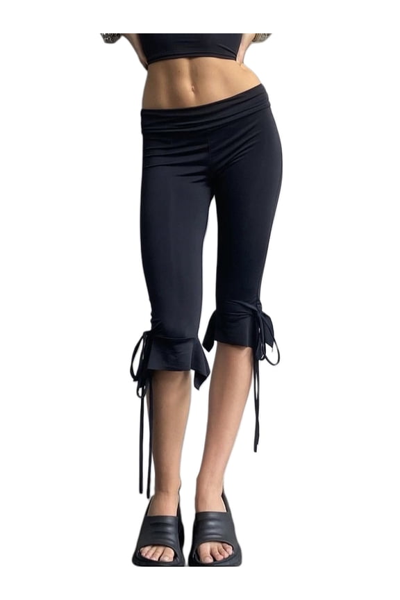 Women Capri Pants Solid Color Elastic Waist Tie-Up Summer Casual Cropped Pants Stretch Crop Leggings