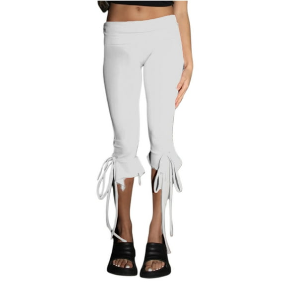 Qmyliery Women Capri Pants Solid Color Elastic Waist Tie-Up Summer Casual Cropped Pants Stretch Crop Leggings