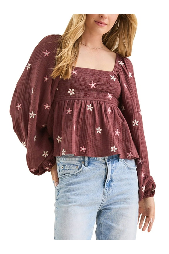 Women Floral Embroidered Blouses Long Balloon Sleeve Smocked Square Neck Vintage Casual Fall Tops
