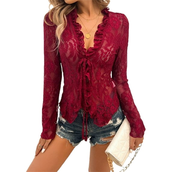 Qmyliery Women Lace Long Sleeve Tops Casual Sheer Basic Tie Front Shirt Blouses for Club Streetwear Aesthetic Clothes