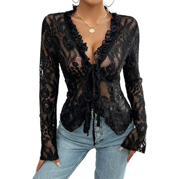 Qmyliery Women Lace Long Sleeve Tops Casual Sheer Basic Tie Front Shirt Blouses for Club Streetwear Aesthetic Clothes