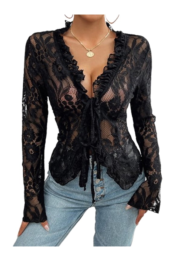 Women Lace Long Sleeve Tops Casual Sheer Basic Tie Front Shirt Blouses for Club Streetwear Aesthetic Clothes