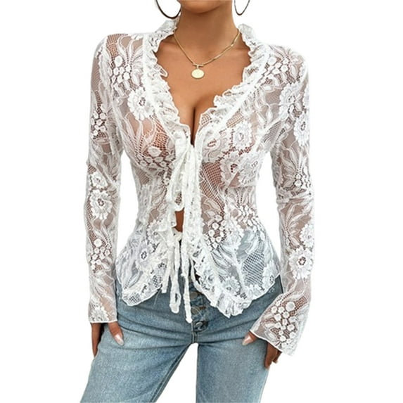 Qmyliery Women Lace Long Sleeve Tops Casual Sheer Basic Tie Front Shirt Blouses for Club Streetwear Aesthetic Clothes