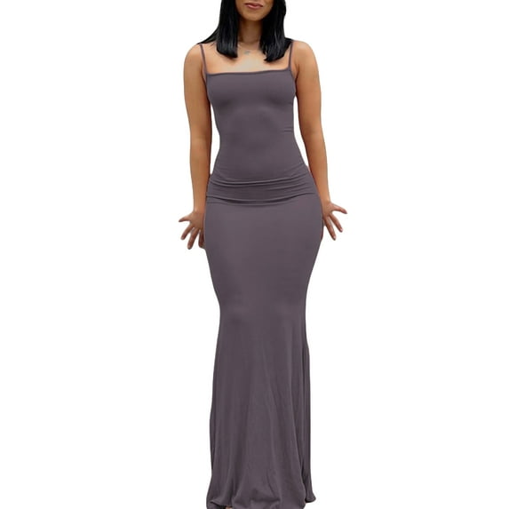Qmyliery Women Sleeveless Fish Tail Dress, Solid Color Spaghetti Strap Bodycon Long Skirt,XS/S/M/L