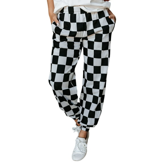 Qmyliery Women Sweatpants, Elastic Waist Plaid Pants Trousers with Pockets for Casual Daily