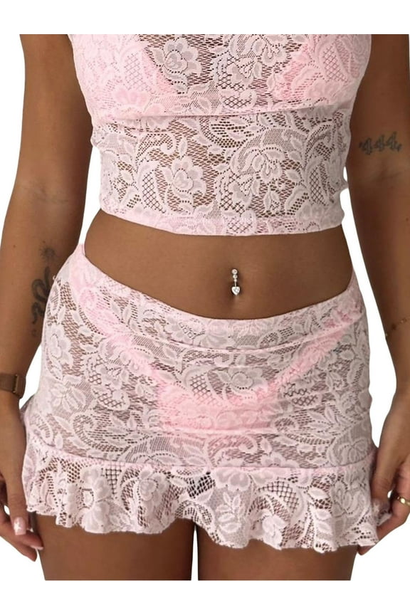 Women's Lace Mini Skirts Casual Low Waist Solid Color See Through Ruffle Skirts Bikini Coverup Skirts
