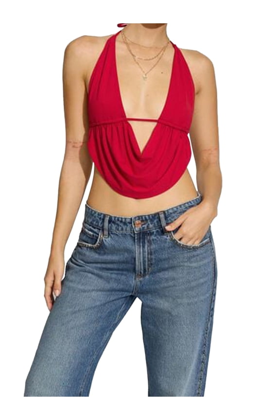 Women's Summer Halter Neck Vest Sleeveless Deep V Neck Solid Color Crop Tank Tops