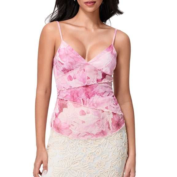 Qmyliery Women's V Neck Cami Tops Sleeveless Spaghetti Strap Floral Print Camisole Mesh Shirt