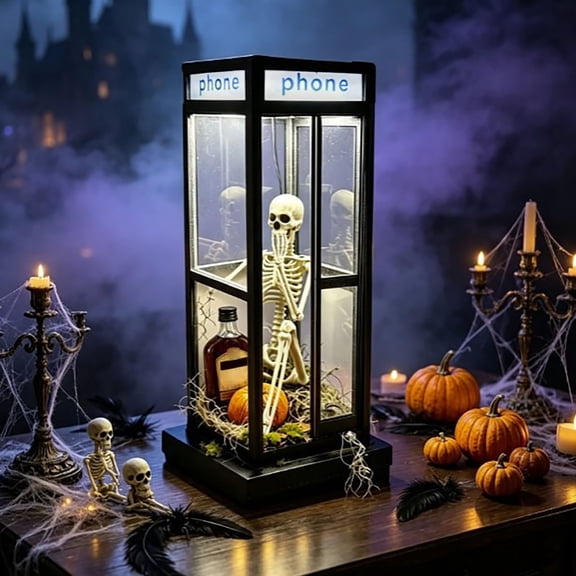 Qndoxp Lighted Halloween Phone Booth Skeleton Decor, Mini Phone Box with Skeleton Ornament House Indoor Home Party Decor Gift
