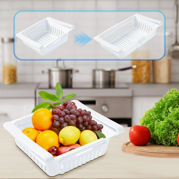 Qnjujn Adjustable Refrigerator Organizer Rack, Space Saving Fridge Shelf for Vegetables Fruits Condiments, Stackable Pull-Out Storage Drawer, Dishwasher Safe BPA-Free Kitchen Organizer