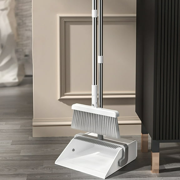 Qnjujn Broom and Dustpan Set for Home and Office Cleaning, Upright Besom with Rotatable Head and Built In Comb Teeth for Hair Removal, Space Saving Floor Cleaning Tool