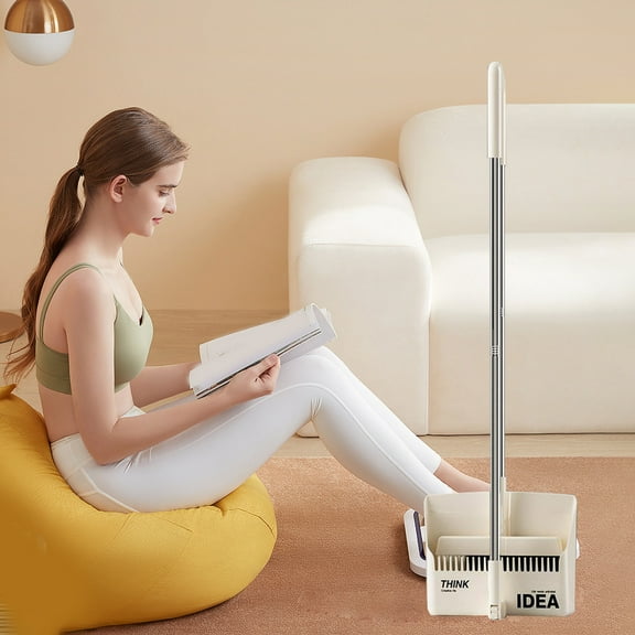 Qnjujn Broom and Dustpan Set with Rotatable Sweeping Head and Foldable Dustpan, Upright Storage Floor Cleaning Tool with Hair Scraper for Home Indoor and Outdoor Use