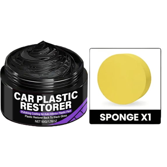 Qnjujn Car Plastic Restorer Spray for Interior and Exterior, Long-Lasting Black Gloss Coating, Dashboard, Tires, and Trim Protection, Easy Application with Sponge, Restores Faded Plastic Surfaces