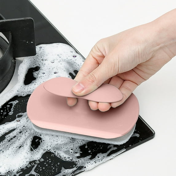 Qnjujn Cleaning Brush, 3-in-1 Scrubber Sponge & Squeegee for Glass Shower Stove, Non-Scratch Kitchen Bathroom Brush with Hard Scraper, Compact Multi-Surface Cleaning Tool Household