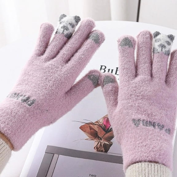 Qnjujn Cute Panda Winter Gloves, Fleece Lined Thick Warm Gloves for Students, Unisex Windproof Cold Resistance Touchscreen Gloves, Adorable Pattern Cycling Gloves for Boys and Girls in Cold Weather