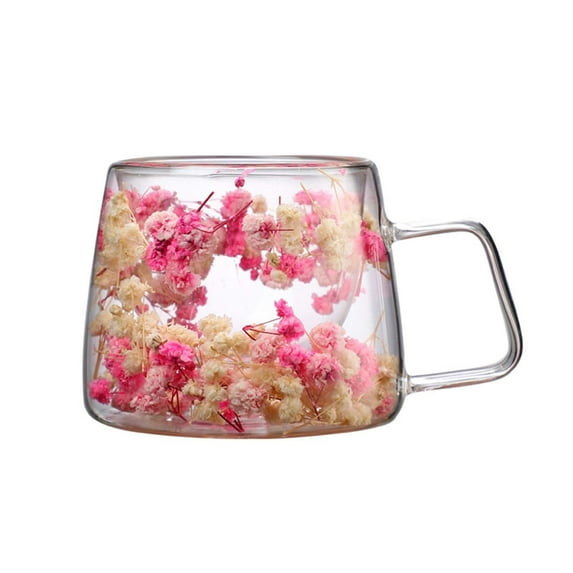Qnjujn Double-Wall Glass Mug with Preserved Flowers - 200ml Insulated Cup for Hot/Cold Drinks - Unique Gift for Tea Coffee Lovers Home Office