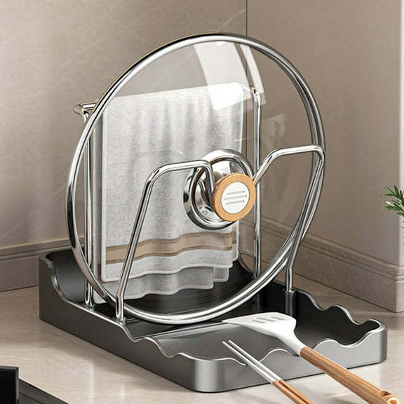 Qnjujn Kitchen Countertop Organizer Rack for Pot Lids Utensils, V-Shaped Groove Anti-Slip Design with Built-in Water Tray, Space Saving Desktop Storage Solution for Home Cooking