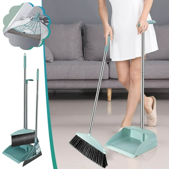 Qnjujn Long Handle Broom Dustpan and Squeegee Set, 180 Degree Rotating Broom for Low Gaps and Corners, Built In Comb for Pet Hair, Stainless Steel Handle for Home Office and Kitchen