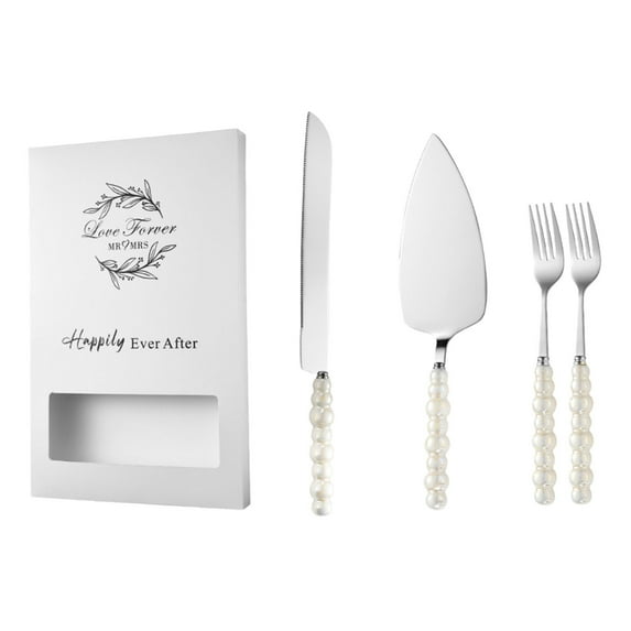 Qnjujn Pearl Handle Stainless Steel Cake Knife Set - 4PC Elegant Serving Utensils for Wedding/Birthday Desserts - Dishwasher Safe Baking Tools for Home/Bakery