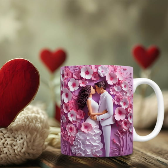 Qnjujn Romantic Wedding Theme Ceramic Mug - Valentine's Day Gift for Couples - Microwave Safe Coffee Cup for Office, Home, Anniversary Present