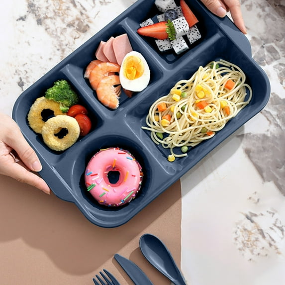 Qnjujn Sectioned Dinner Plates, 5 Compartment Bento Meal Prep Plates for Portion Control, Microwave Dishwasher Safe Reusable Plastic Tray for Adults Family Party