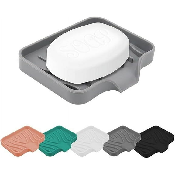 Qnjujn Silicone Bathroom Soap Dishes with Drain Spout-Bathroom and Kitchen Sink Organizer, Sponge Holder, Dish Soap Tray, for Dispenser, Scrubber, Bottle, Cup on Sink or Counter Gray