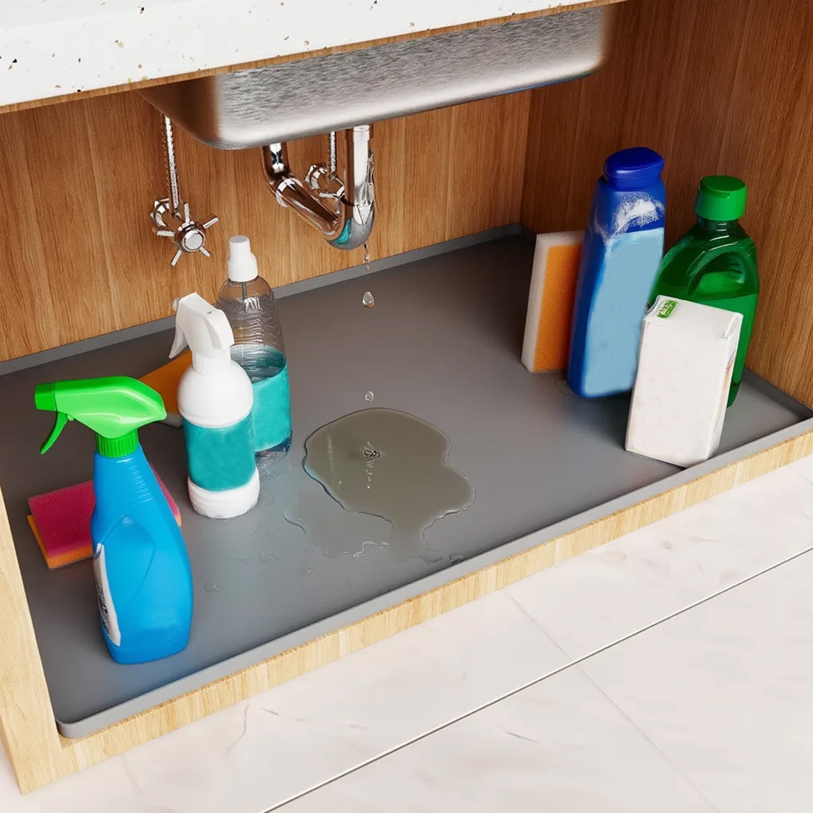 Qnjujn Under Sink Mat 34x22in, Non-Slip Eco-Friendly Silica Gel Shelf Liner for Kitchen Bathroom Cabinets, Waterproof Drip Tray Mat for Protecting Cabinets from Leaks Spills Home Use