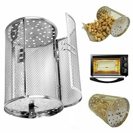 Qnjujn Stainless Steel Rotating Grill Basket for BBQ Chicken Vegetables 360° Even Cooking Outdoor Camping Picnic Dishwasher Safe Heavy Duty