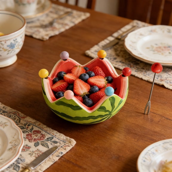 Qnjujn Watermelon Fruit Ceramic Bowl Large Capacity, Cute Decorative Fruit Tray for Living Room Tea Table, Multi-Purpose Snack Plate, Home Kitchen Tableware for Fruit Serving and Display