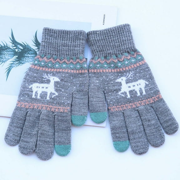 Qnjujn Women Winter Knitted Full Finger Touchscreen Gloves, Warm Soft Long Sleeve Reindeer Pattern Gloves, Cozy Outdoor Cold Weather Knit Gloves for Daily Use and Gifts