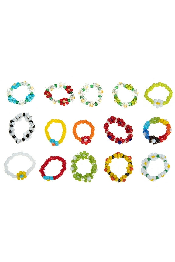15pcs Flower Beaded Rings Handmade Stretch Resin Rings for Women