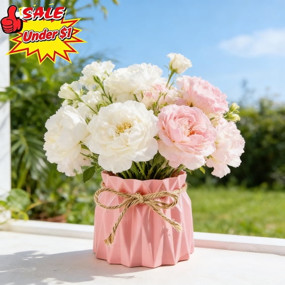 Qocolcyl Under $1 4 Inch Geometric Plastic Decorative Vase with Jute Rope, Faux Ceramic Modern European Flower Pot, Shatterproof Table Centerpiece for Living Room Office Home Decor,Pink