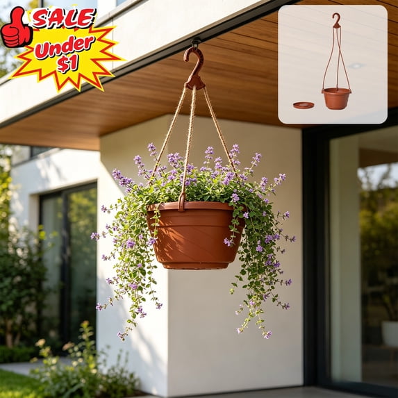 Qocolcyl Under $1 5.91in Round Plastic Hanging Planter Basket with Hemp Rope Hanger, Drainage Suspended Flower Pot for Trailing Plant Indoor Outdoor Patio Garden Decor,Brown