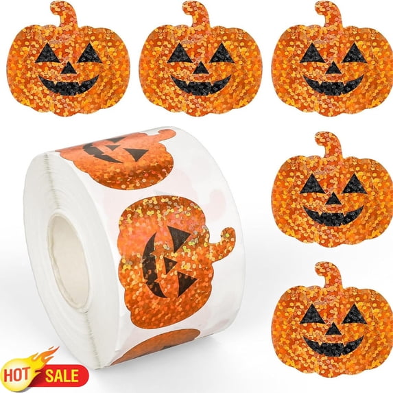 Qocolcyl Under $1 500Pcs Halloween Pumpkin Stickers Roll 1.2in Laser Smiling Pumpkin Shape Waterproof Decals Orange Sparkly Self-Adhesive Stickers Halloween Party Envelope Scrapbook Decorations