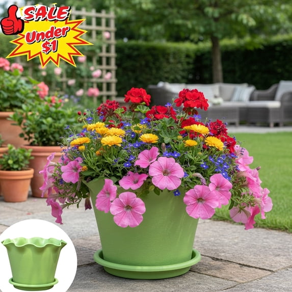 Qocolcyl Under $1 6.29in Ruffled Wave Rim Plastic Planter with Drainage Tray, Decorative Flower Pot for Lily Indoor Outdoor Patio Garden Planting,Green