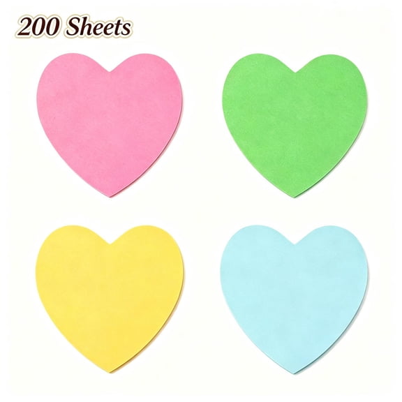 Qocolcyl Under 1$ Dollar 200 Sheets Heart-shaped Sticky Notes, 2.76in Convenience Stickers, Classroom Stationery for Writing Notes, Highlighting & Annotating, 4 Pads