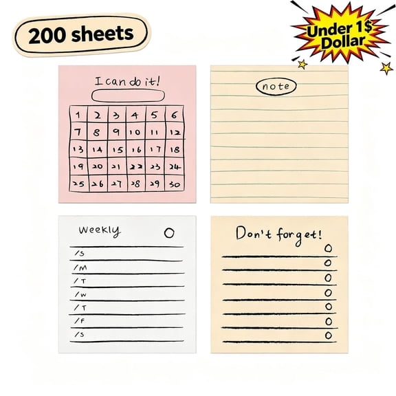 Qocolcyl Under 1 Dollar 4 Pack Assorted Format Lined Monthly Weekly Sticky Notes Pads, 200 Sheets Total 3x3 Inch Self Adhesive Removable Memo Pads for Classroom Office Document Marking