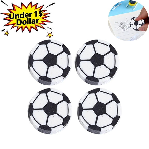 Qocolcyl Under 1 Dollar 4 Pcs Football Shaped Erasers, Soccer Ball TPR Eraser Set with Hole Design, Sport Themed Stationery for Classroom Rewards, Daily Use & Desk Decor