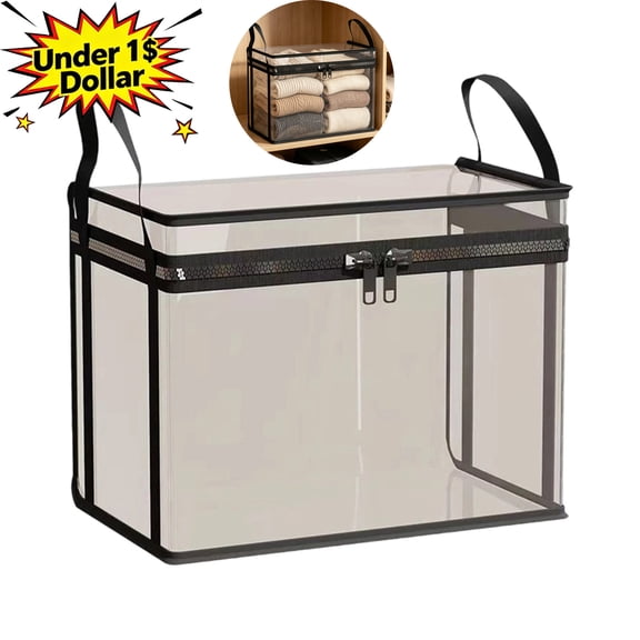 Qocolcyl Under 1$ Dollar Foldable Clear PVC Storage Bins & Storage Bags With Lid, 15" x 9.4" x 12.6", Waterproof Organizer with Zipper & Handles for Clothes, Toys & Books,Black